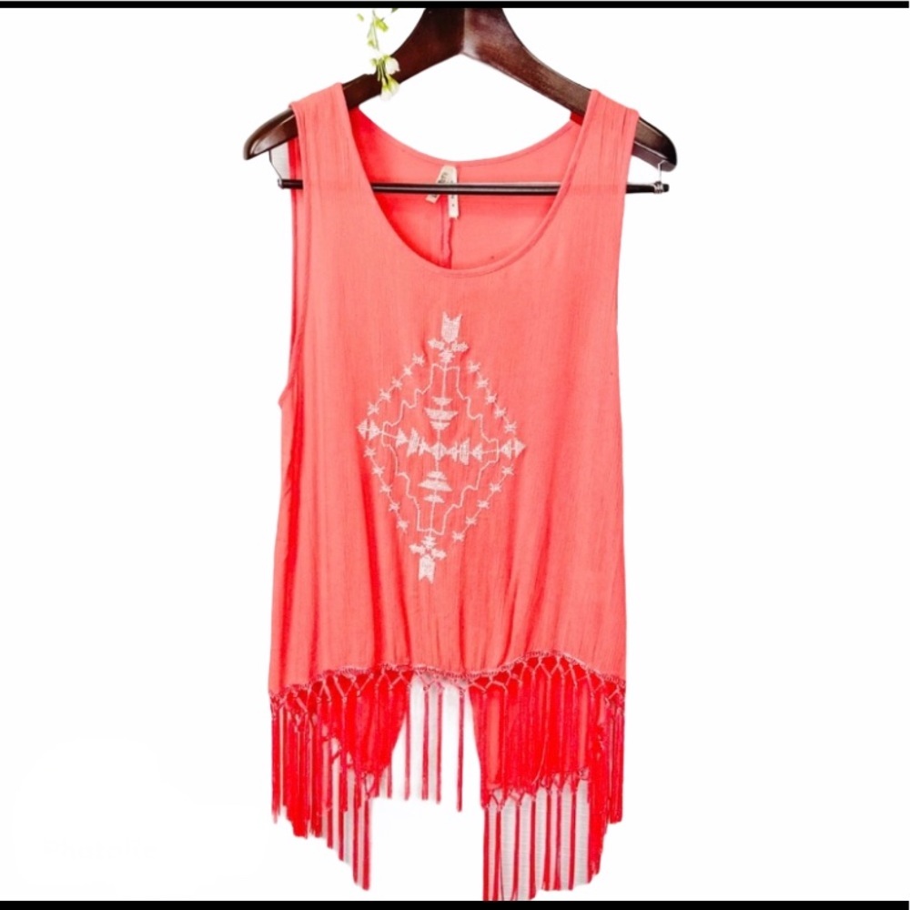 Live 4 Truth•boho hippie oversized coral embroidered fringe flowy open back tank